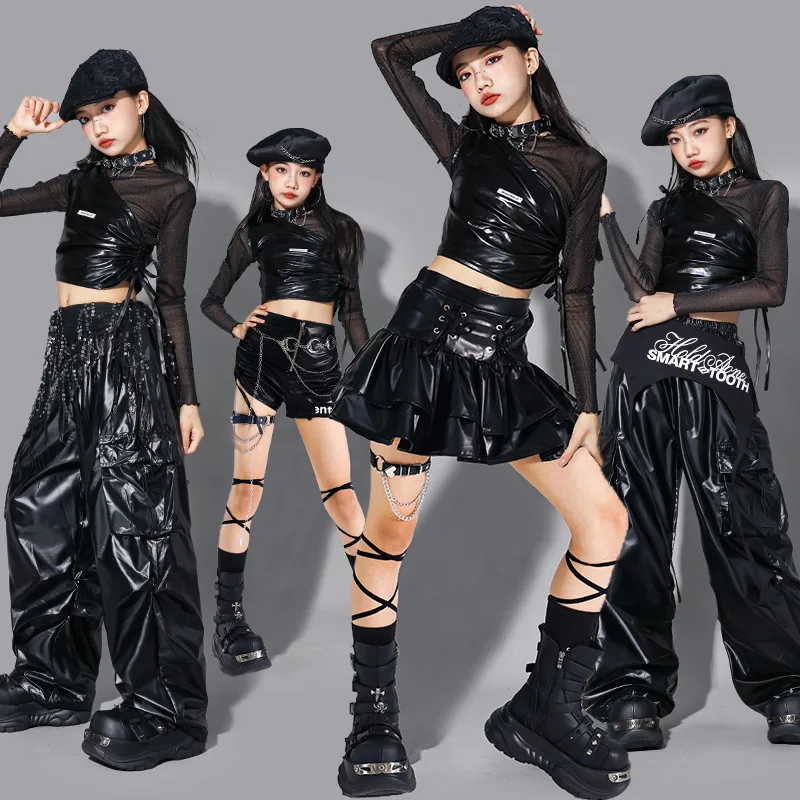 

Girls K-pop Cool Shiny Crop Top Skirt Street Dance Cargo Pants Costume Kids Hip Hop Jazz Girl Group Clothes Set Child Streetwear