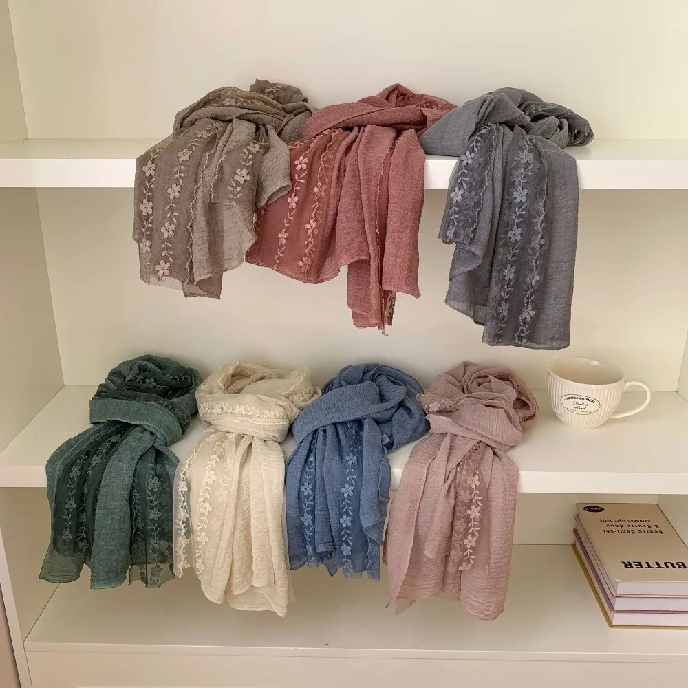 Versatile Cotton Linen Lace Patchwork Scarf Solid Color Thin Thin Gauze Scarf Breathable Long Shawl and Wrap for Women