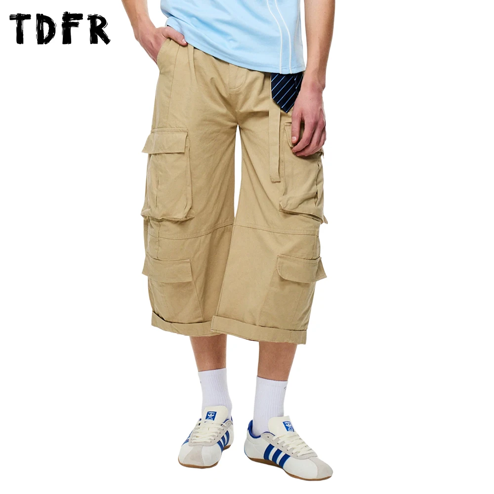 Multi-Pocket Cargo Shorts Mens Summer with Belt Solid Color Retro Safari Style Baggy Wide Leg Capri Pants Man