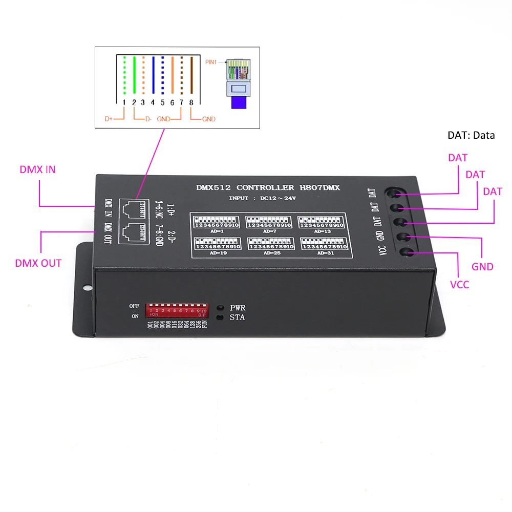 H807DMX DMX512 Controller 1024 pixel Controller RGB 14 canali Controller DMX per WS2812 DMX Stage Light DMX a SPI Decoder