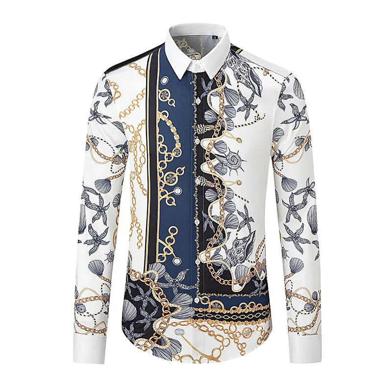 

European-style vintage aristocratic gold-plated chain marine element high-thread-count drapeable men's printed shirt