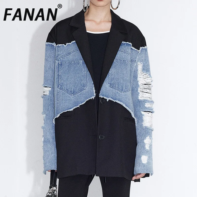 FANAN Streetwear Denim Spliced Blazers Women's Contrast Color Long Sleeve Hollow Out Loose Jackets Female Coats 2025 New