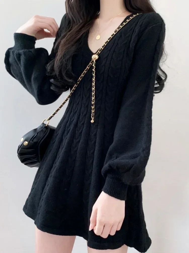 Knit Knitted Sweater Mini Dress Women Casual Lantern Sleeve Short Dresses 2023 Autumn Winter V-neck Outfits Female