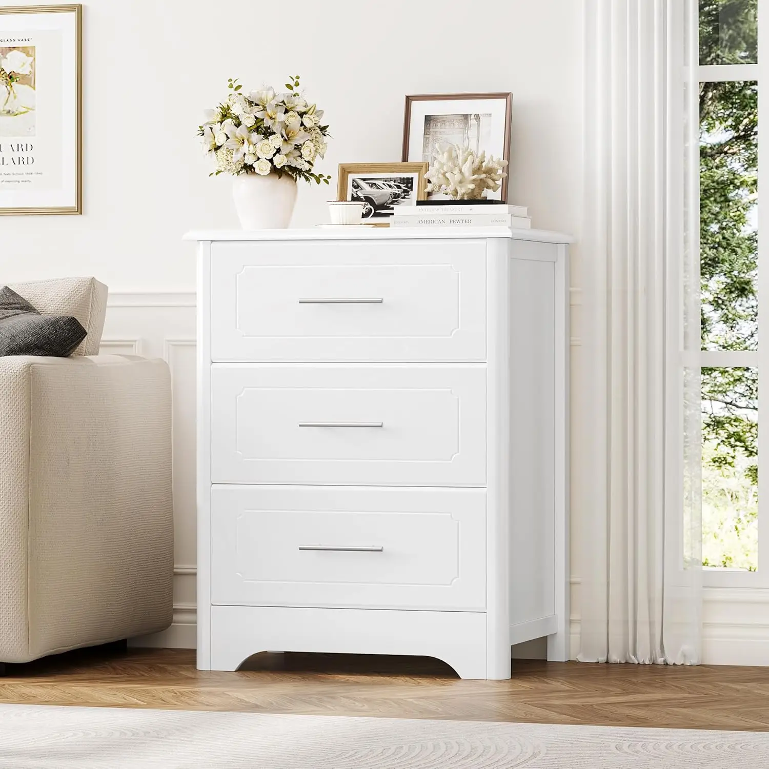 

3 Drawer Dresser for Bedroom, 23.62" Wide Modern White Dresser, Tall Nightstand with 3 Deep Drawers, Wood Chest of Drawers,