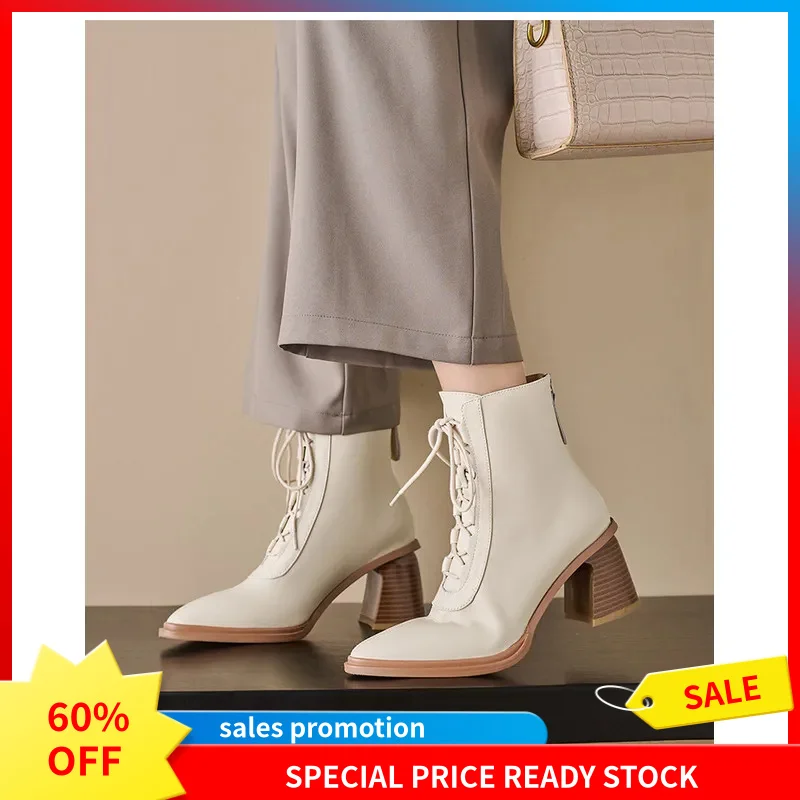 Botines Retro de Piel Vacuna para Mujer con Punta Puntiaguda, Cierre de Cordones Delanteros y Cremallera Lateral, Tacón Alto y Grueso, Disponible en Piel de Cerdo G608