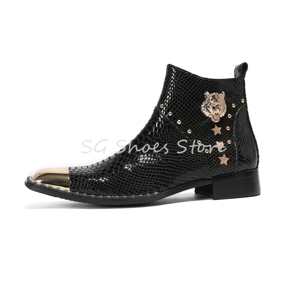 Fashion Tiger Decor Metal Pointed Toe Chelsea Boots for Men Punk Rivet Side Zippers High-Top Male Short Boots