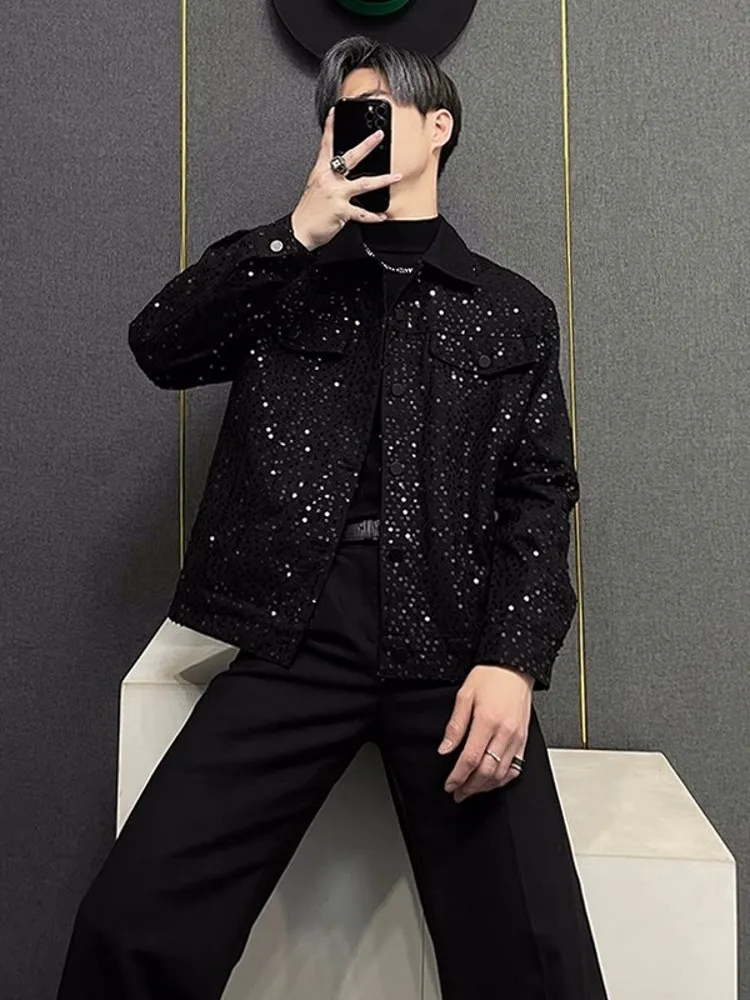 High Street Men Spring New Loose Fit Shiny Sequins Black Denim Jacket Fashion Oversized Party Outwear Coat Casual Male Jackets