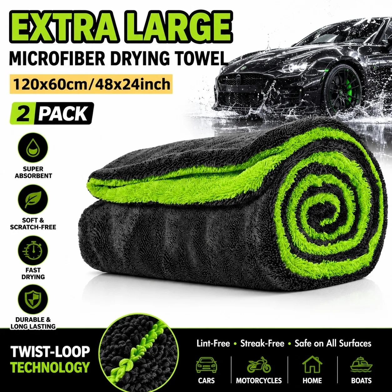 TILONDEX 2pcs Set 1200GSM Heavy SUV Truck Drying Towels Double-Sided Microfiber Cloth, High Absorbency,