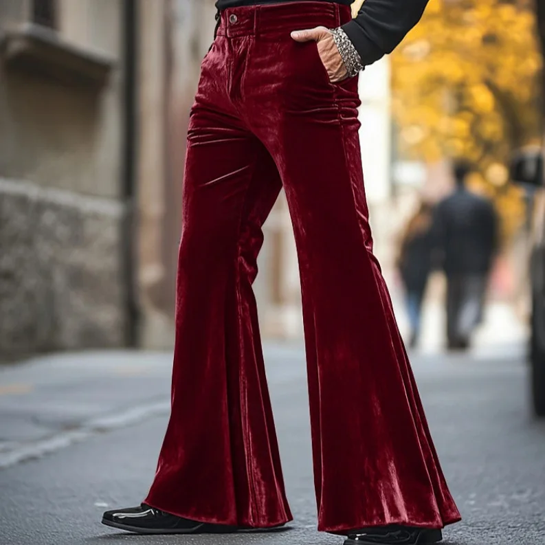 Men's flared trousers. Made of soft velvet, suitable for daily wear, with a fashionable street-style design for dress pants.