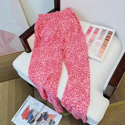 Pink Leopard Design Wide Leg Pants Women's Pleated Style Casual Pants Loose High Waist Slim Straight Leg Pants
