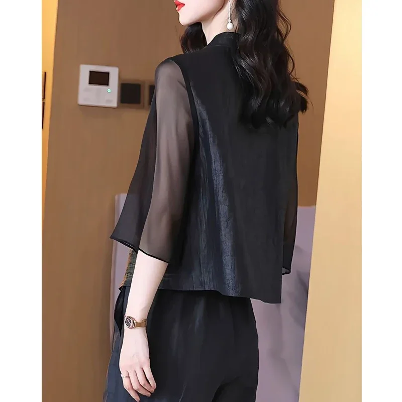 Women Silk Vintage Embroidered Asymmetrical Blouses Spring Summer Elegant Chinese Style Design Cardigan Shirts Blusa Mujer Moda