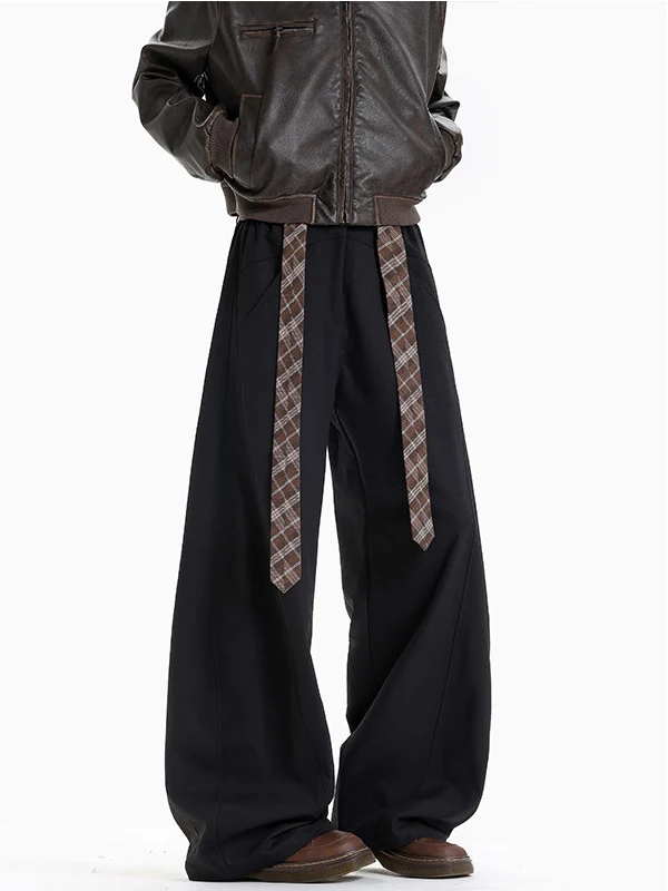 

Retro Plaid Belted Knife Wide Leg Straight Cut Trousers Men Women Spring Autumn High Waist Casual Pants Youth Faion