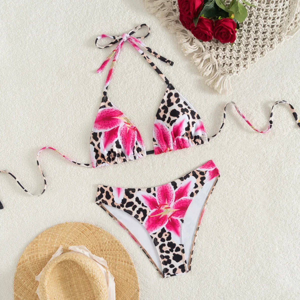 Sexy leopardo impressão de duas peças maiô feminino 2025 halter push up sutiã sem costas cintura alta conjunto biquíni praia maiô