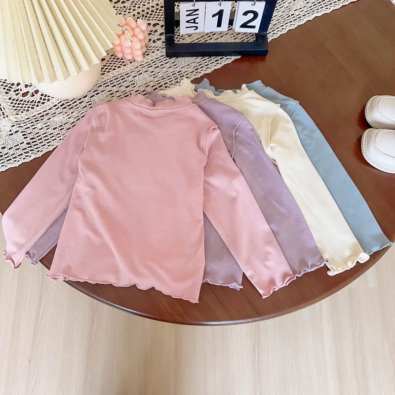 Undershirt New Girl Korean Lotus Leaf Edge Long Sleeves Spring Autumn 2024 Versatile Tops Simple Causal Solid Fashion