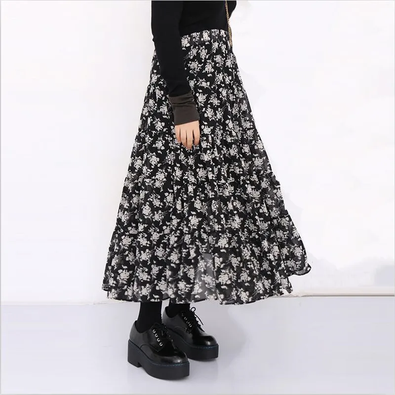 Hoge Kwaliteit Vrouw Chiffon Rok Bloemenprint Bohemian Zomerrokken Mode Kleding Plus Size Vestidos Vintage Geplooide Rokken