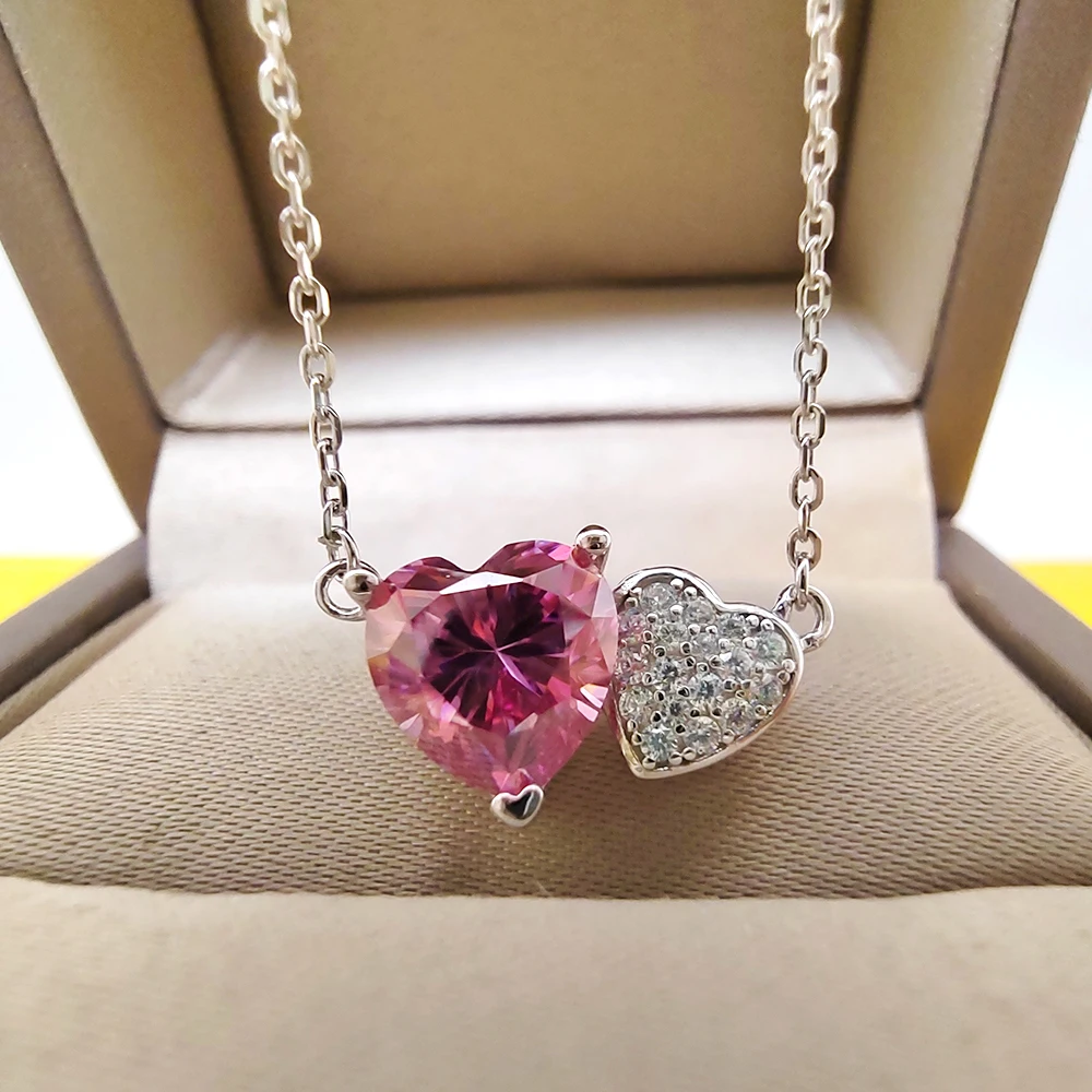 Luomansi Luxury 2CT Pink Heart Mosonite Necklace GRA Certificate Solid S925 Silver Girl Jewelry Anniversary Gift