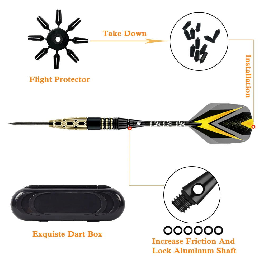 3 Pcs Professional Dart Set 22g Metal Tip Precision Engraved Brass Barrel with Extra Nylon Shaft Protector Dart Case