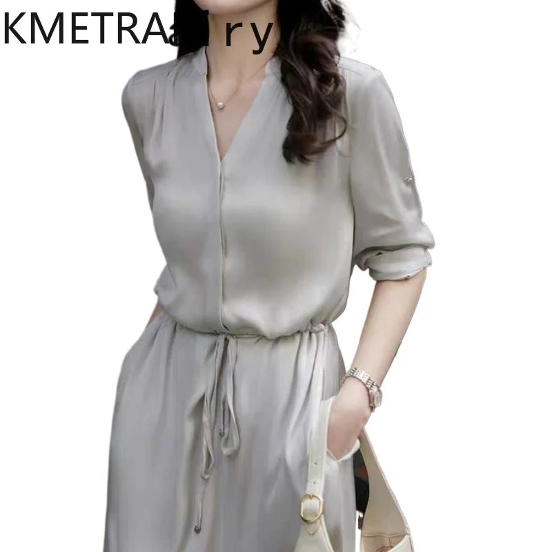 KMETRAM High End 2024 Summer New Women's Clothing Medium Long Mulberry Silk Dress for Women Fashion Drawstring Dresses فستان