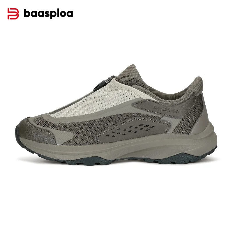 Baasploa Men Outdoor Sneakers Mesh Breathable Hiking Shoes Brand New Comfort Trail Running Shoes Non-Slip Wear-Resistant Zipper