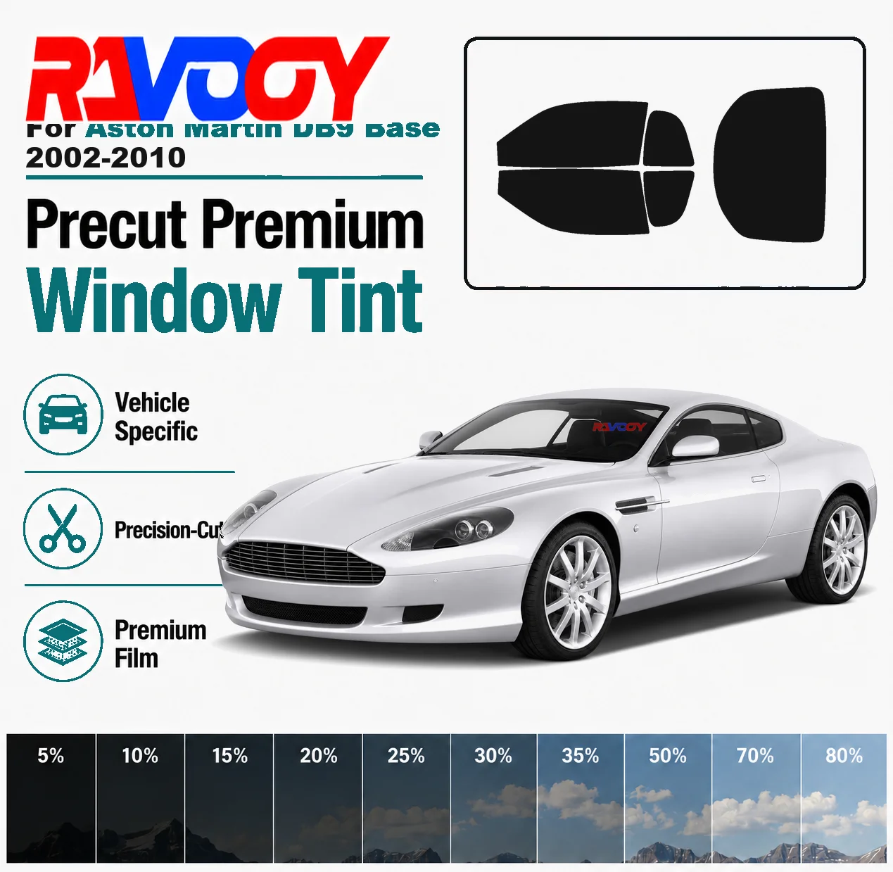For Aston Martin DB9 Base 2002-2010 RAVOOY Pre-Cut Window Tint Film Vehicle-Specific Full Kit Front & Rear Windows Precision-Cut