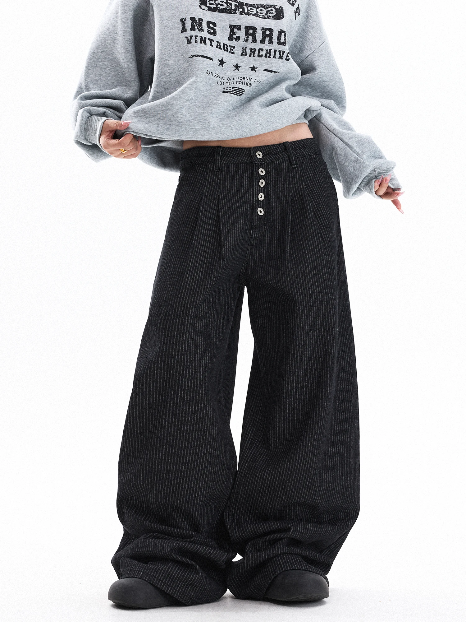 

Джинсы унисекс Damon Island Original Design, повседневные, широкие, винтажные, с множеством пуговиц, в полоску, в стиле Ex-Trendy