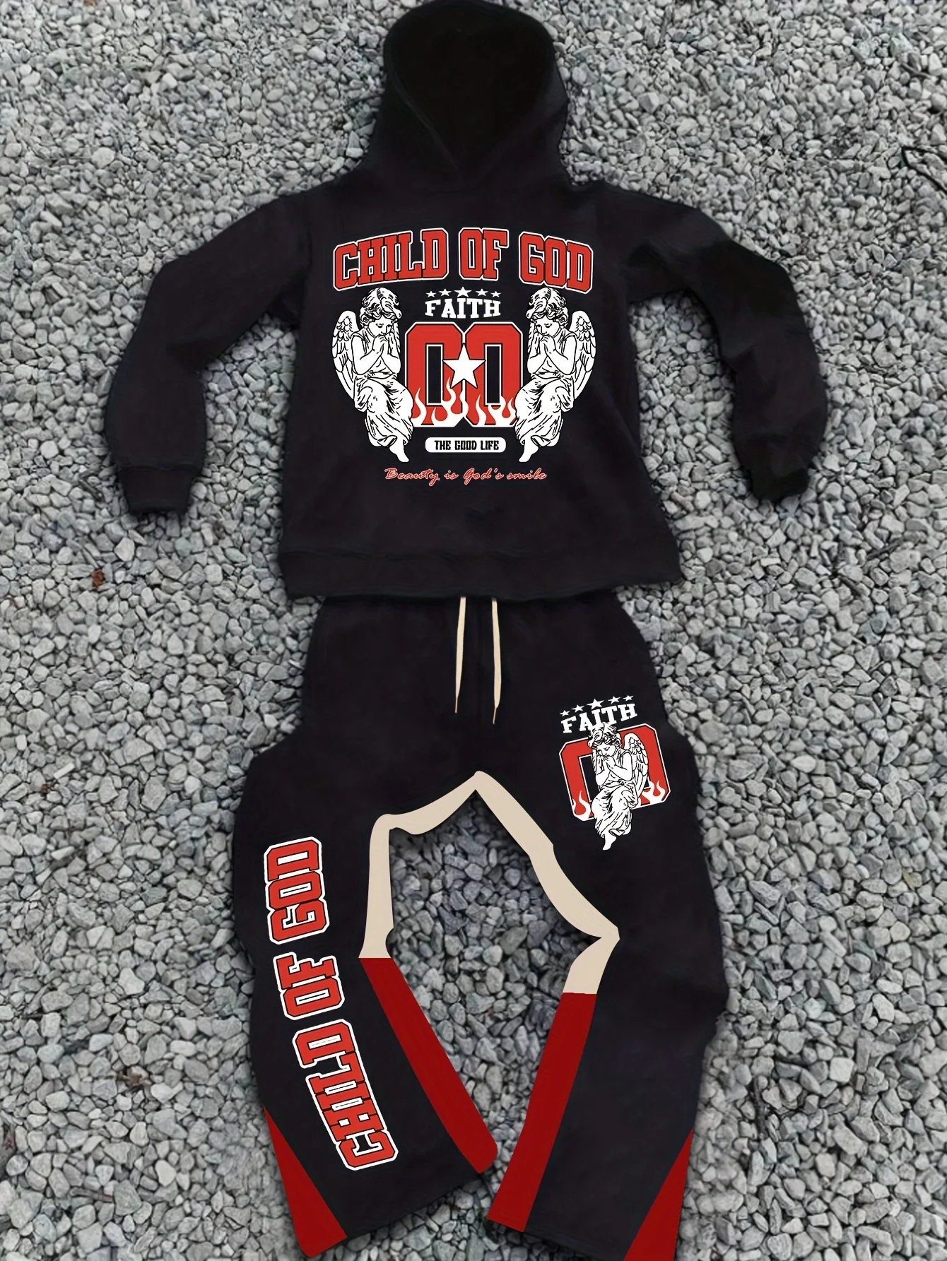 

Men's Black Hoodie and Sweatpants Set with Outstanding "CHILD OF GOD" Faith - themed Prints Stylish and Trendy