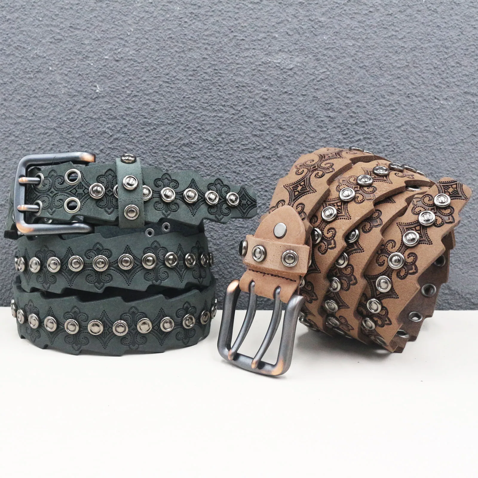 Antique Floral Embossed Cowhide Belt Hollow Circle Rivet Retro Biker Cowboy Leather Waistband