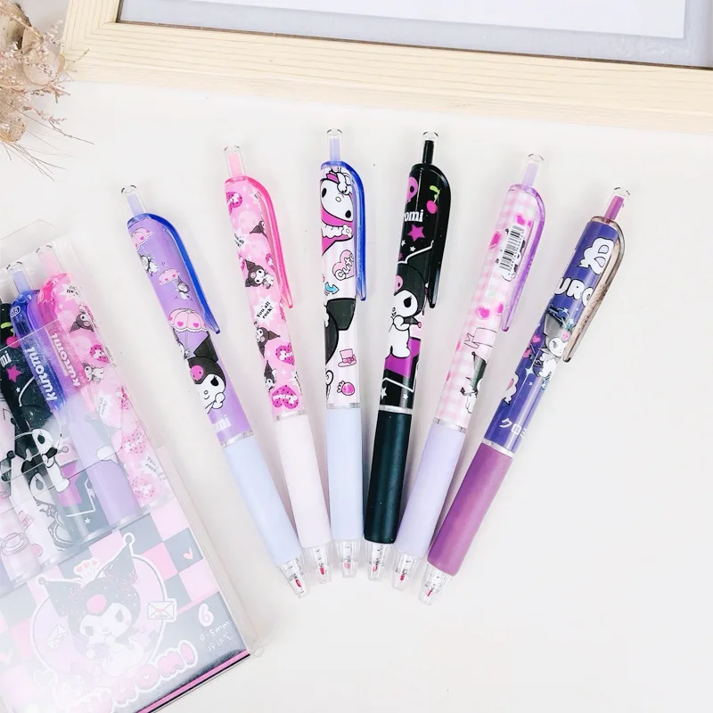 6 قطعة/المجموعة لطيف Kuromi هلام القلم 0.5 مللي متر الحبر الأسود الصحافة زر ST التجفيف السريع قلم حبر جاف للطلاب الكتابة القرطاسية هدية