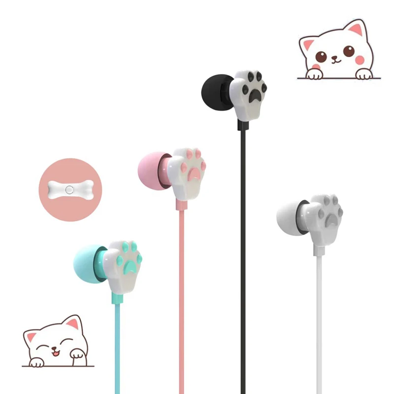 3.5mm Wired Earphones Cute Cat Paw In-ear Headphone With Mic Gaming Music Stereo Earbuds Headset for Girls