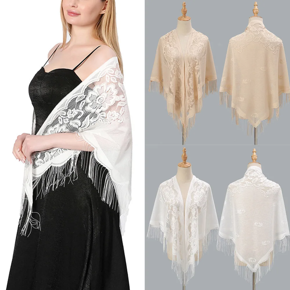 Women Elegant Long Fringe Muslim Hijabs Summer Lace Tassels Triangle Scarf Crochet Floral Sheer Hollow Out Breathable Scarves