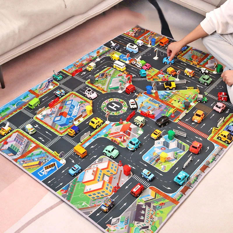 ベビークロールマット 83x57cm 漫画都市交通地図 滑り止めプレイマット 男の子 女の子 幼児 モンテッソーリ早期教育おもちゃ TMZ