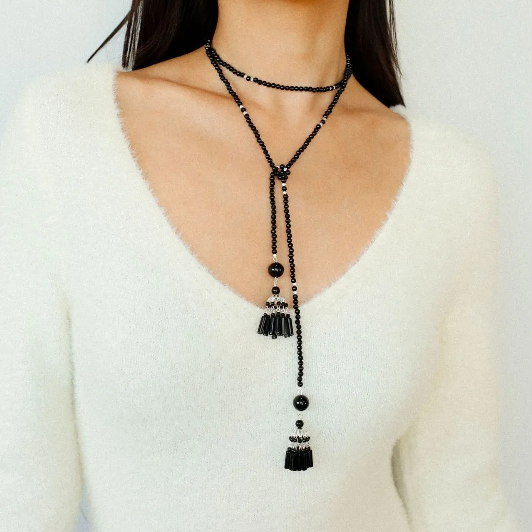 Europe America Designer Brass Plated Platinum Black Agate Tassel Long Necklace Women Top Quality Jewelry Trend