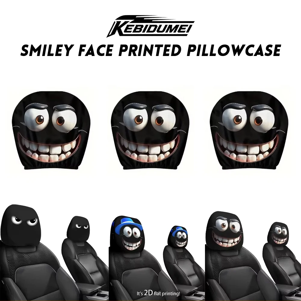 KEBIDUMEI 2pcs Smiley Face Printed Pillowcase Seat Headrest Washable Polyester Fabric Decorative Cushion Covers Car Accessories