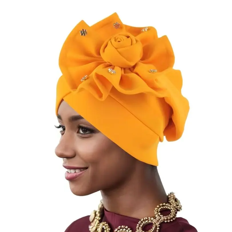 

2025 Trendy Women Big Flower Turban Hat Fashion Muslim Hijab Caps Beads Head Wrap Bonnet Bandana Chemo Cap African Headties Hats