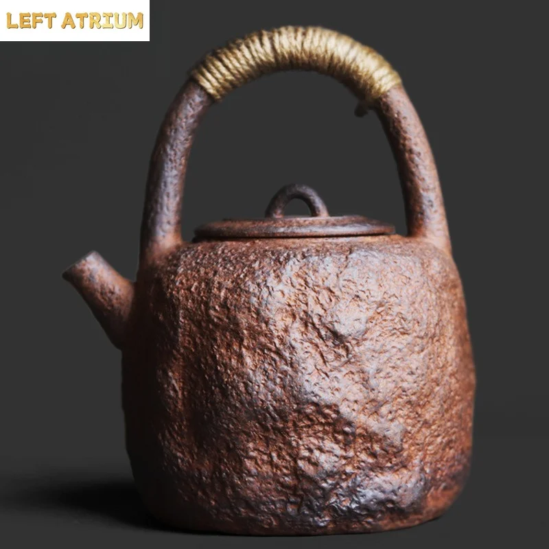 Teapot Coarse Pottery Old Rock Mud Texture Lifting Beam Boiling Teapot Chinese Zen Style Boiling Water Single Pot