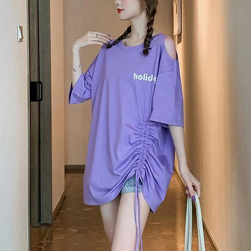 

Off Shoulder Drawstring Loose Korean Tops Summer Short Sleeve Lazy Style Youth Irregular Fashion T Shirts Casual Women Clothing