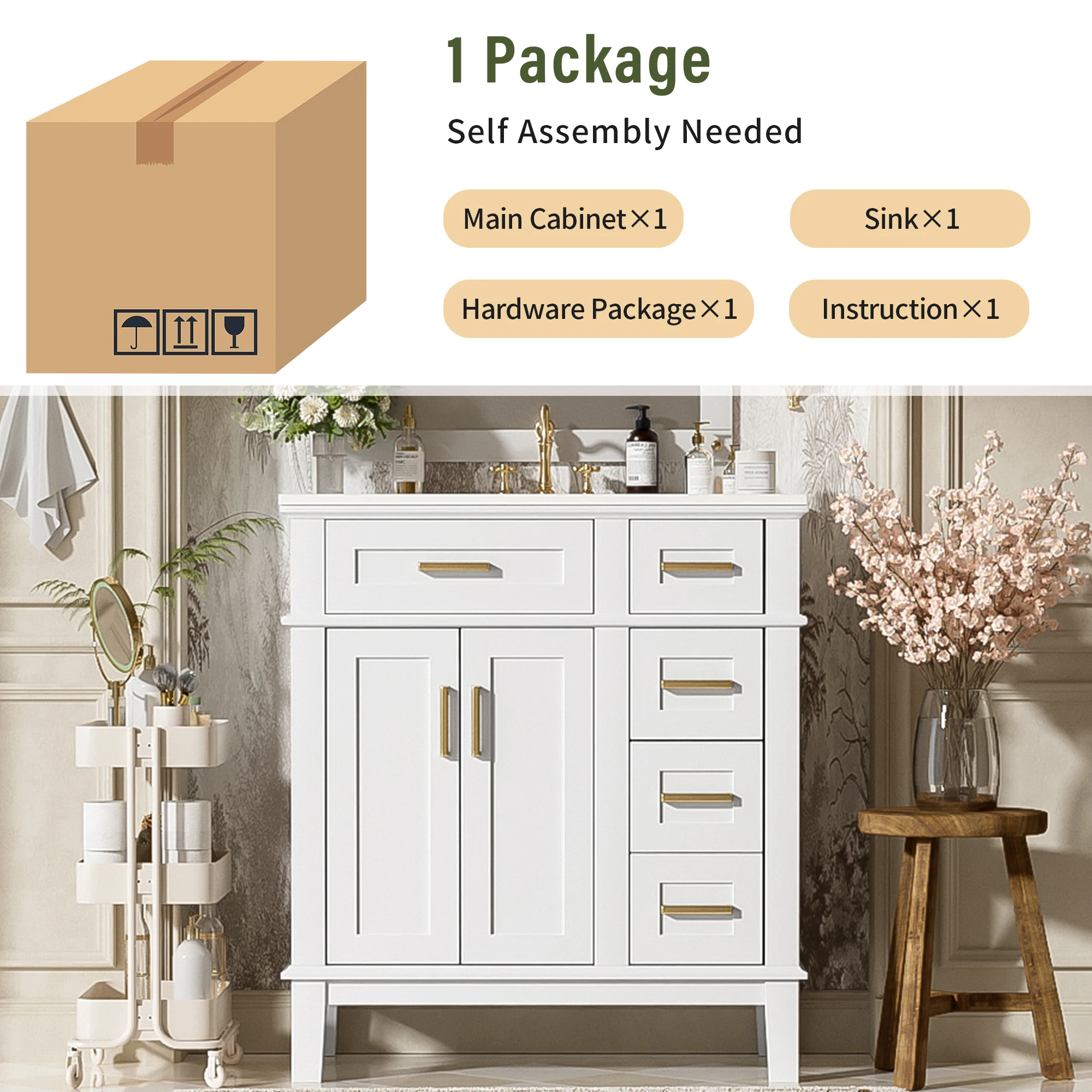 โต๊ะเครื่องแป้งห้องน้ํา SH.KL 30" พร้อมอ่างล้างจานเซรามิก, ตู้เก็บของทันสมัยพร้อมประตูแบบปิดแบบนุ่มนวล, เฟอร์นิเจอร์ห้องน้ํา, โต๊ะเครื่องแป้ง