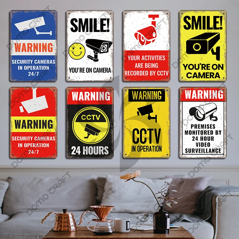 Warning CCTV Tin Signs Metal Plaque Notice 24 Hour Security Camera Vintage Poster Metal Plate Wall Decor for Mall Shop Bar Home