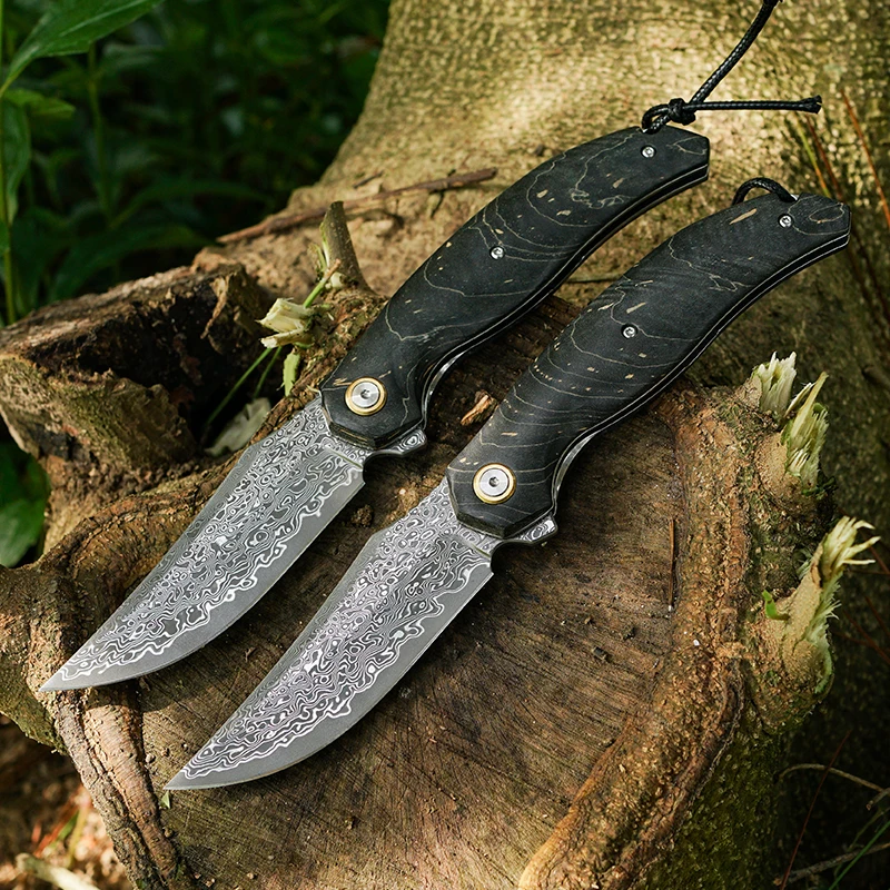 Handmade Damascus Steel Folding Knife,Men's Pocket Clip Knife,Hunting Adventure,Camping Fishing Outdoor Survival Kitchen Knife