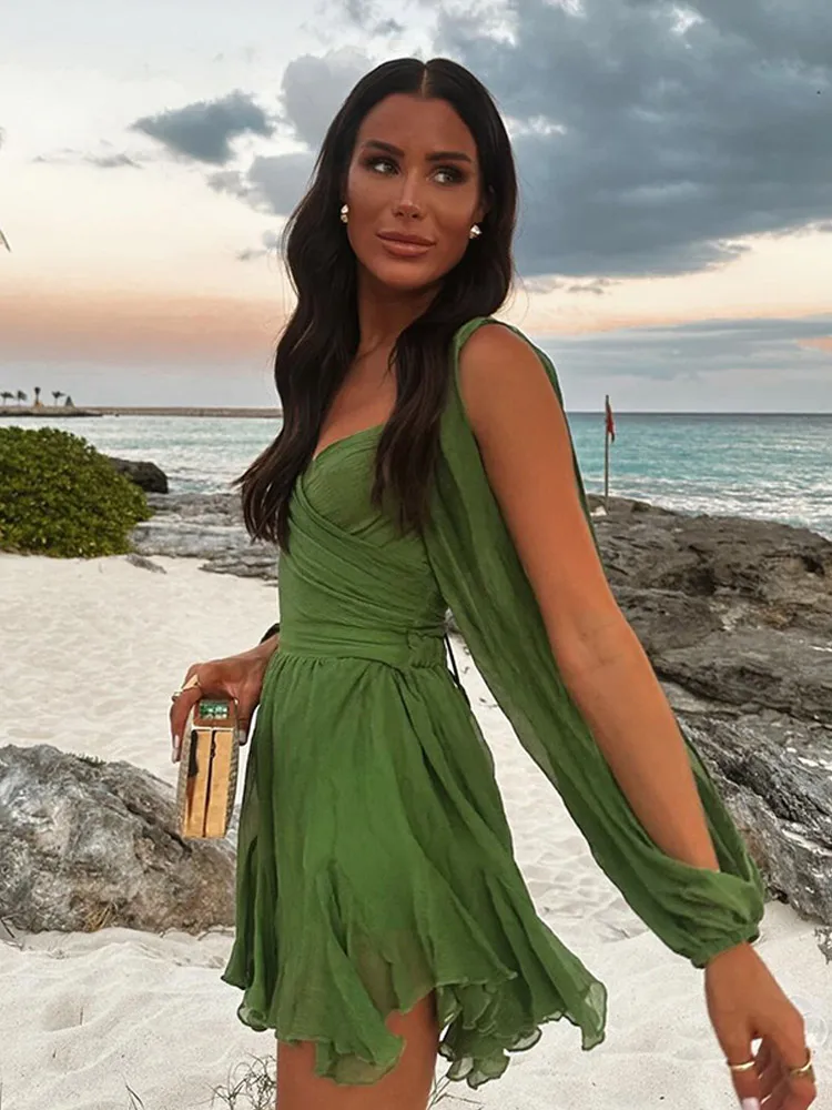 Women's Fashion Green Chiffon Mini Dress Elegant V-neck Split Long Sleeve Ruffle High Waist Dresses Lady Holiday Beach Vestidos