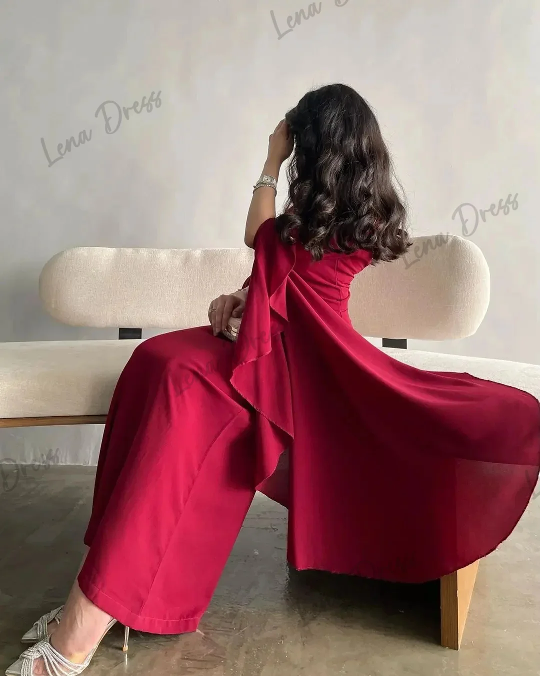 Lena-Back zipper long sleeved pleated ball dress elegant fishtail party dress O-neck and ankle length