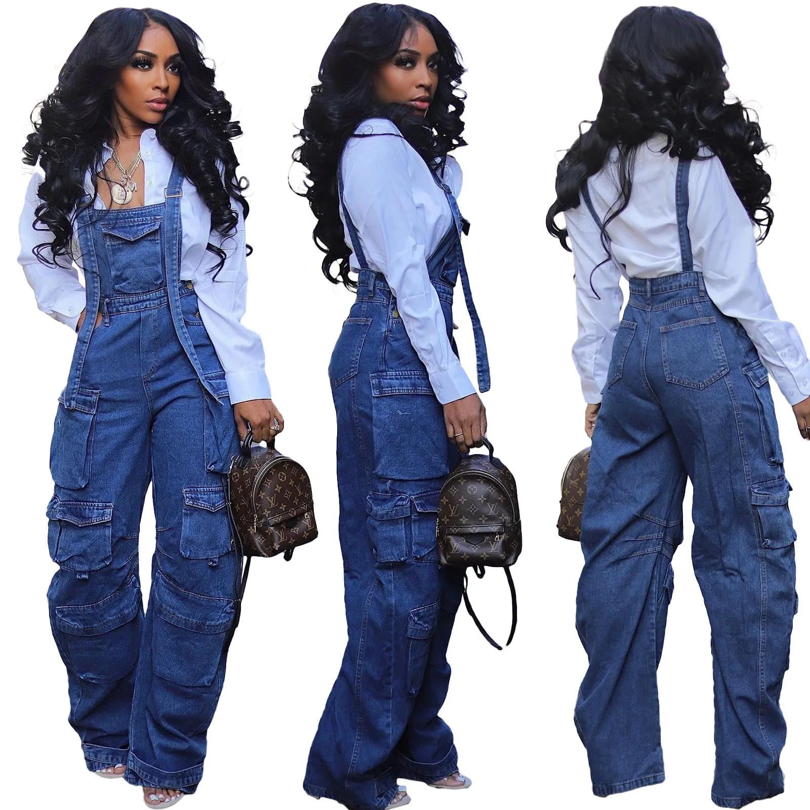 

European and American women's sexy washed denim loose multi pocket jumpsuit denim shoulder strap pants for women's jumpsuit