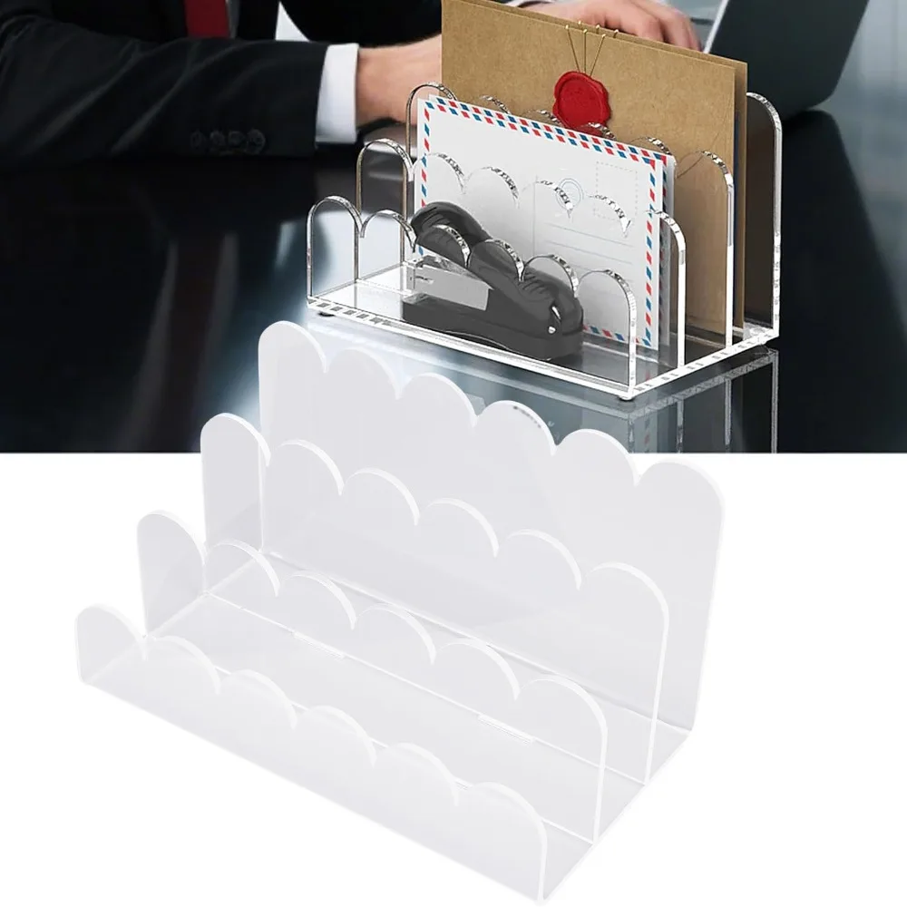 Practical 3 Compartments Acrylic Mail Organizer Scalloped Design Vertical Storage Letter Sorter Document Sorter for Desk Use