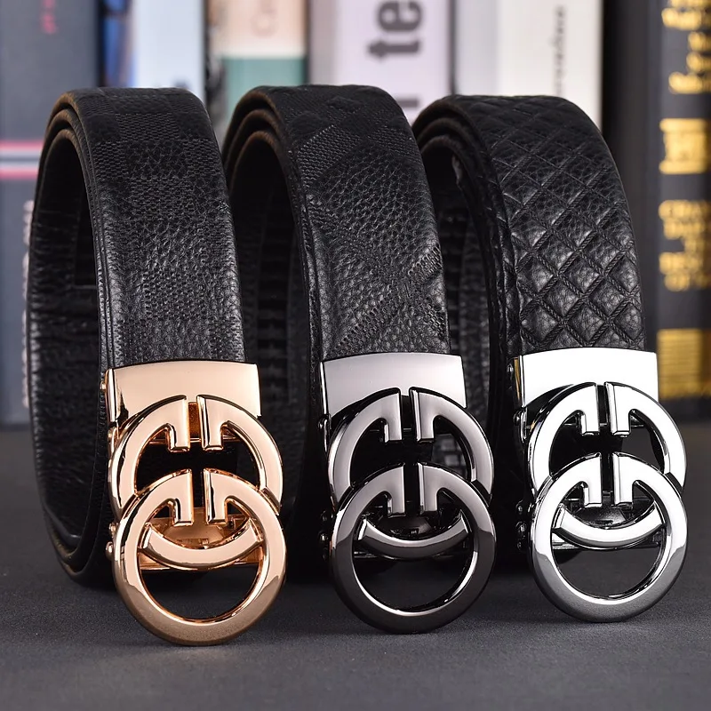 

Мужской ремень из воловьей кожи с автоматической пряжкой, клетчатый узор, повседневные деловые черные брюки, аксессуары, универсальный ремень с буквенной пряжкой 3,5 см