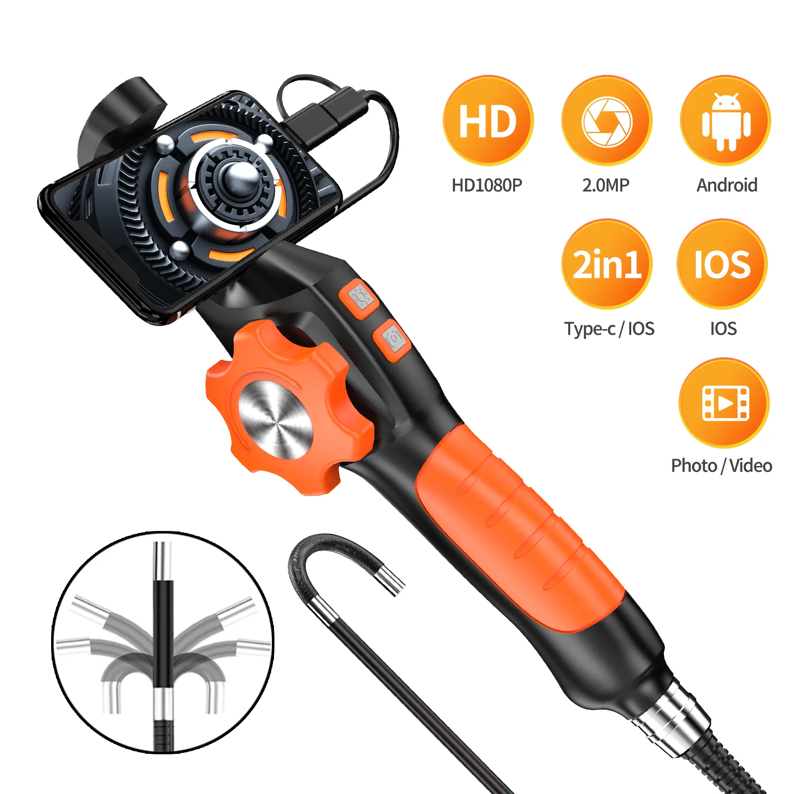 Two-Way Borescope Inspection Camera 8.5mm 1080P HD Articulated Snake Camera with 8 LED Lights for Automotive Wall Mechanics