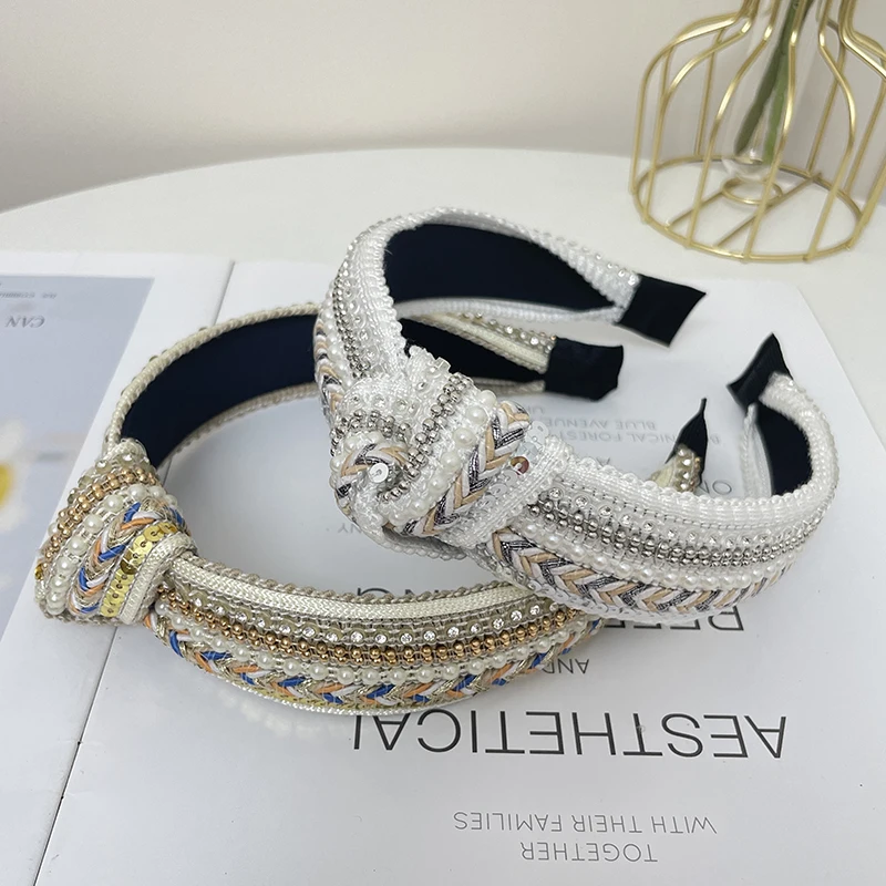 Boho Rhinestone Faux Pearl Knitted Headband Shiny Sequin Head Hoop Elegant Hair Accessories For Women Girls Wide Band