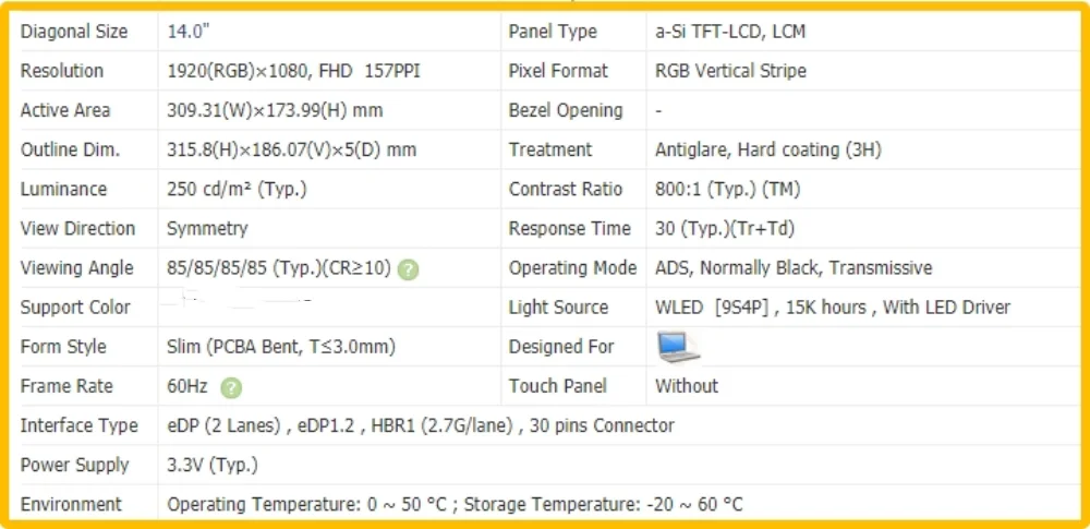 NV140FHM-N4T NV140FHM N4T FHD 1920x1080 14.0 inch Laptop Display LCD Screen IPS No-touch Panel 60Hz EDP 30pins