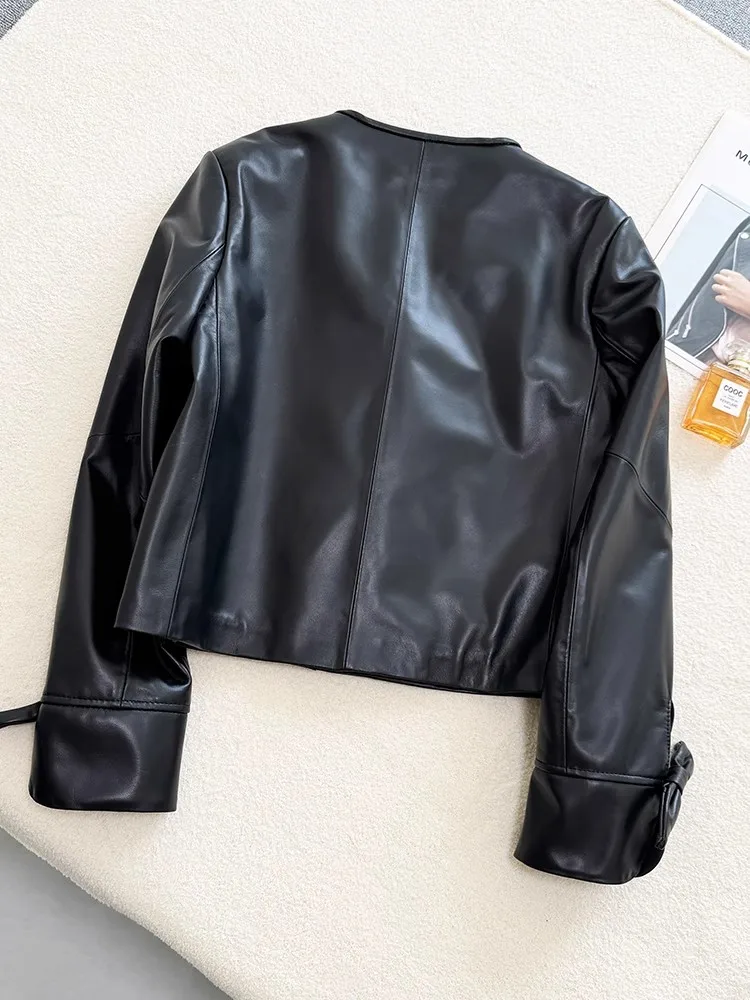 秋の新女性シープスキン本革ジャケットちょう結び長袖 O ネックシングルブレスト甘い女性オートバイ生き抜くコート