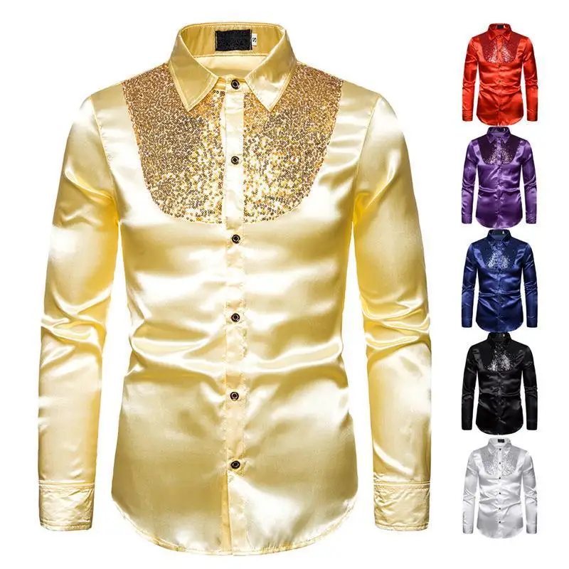 

Men's Stage Performance Shirt Sparkle Sequins Long Sleeve Party Wedding Formal Shirt Business Bling Shirt