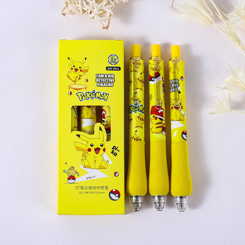 Kawaii Pokémon Press Gel Pen, Tinta Preta, Bonito, Canetas Neutras, Papelaria dos Desenhos Animados, Escritório, Abastecimento Escolar, Brinde Promocional, 0.5mm, 3Pcs Box